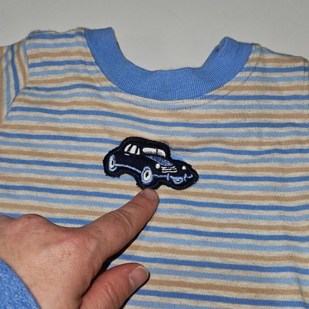 First Impressions Shirt Shortalls Outfit Tan Blue Embroidered Cars 6/9 Months